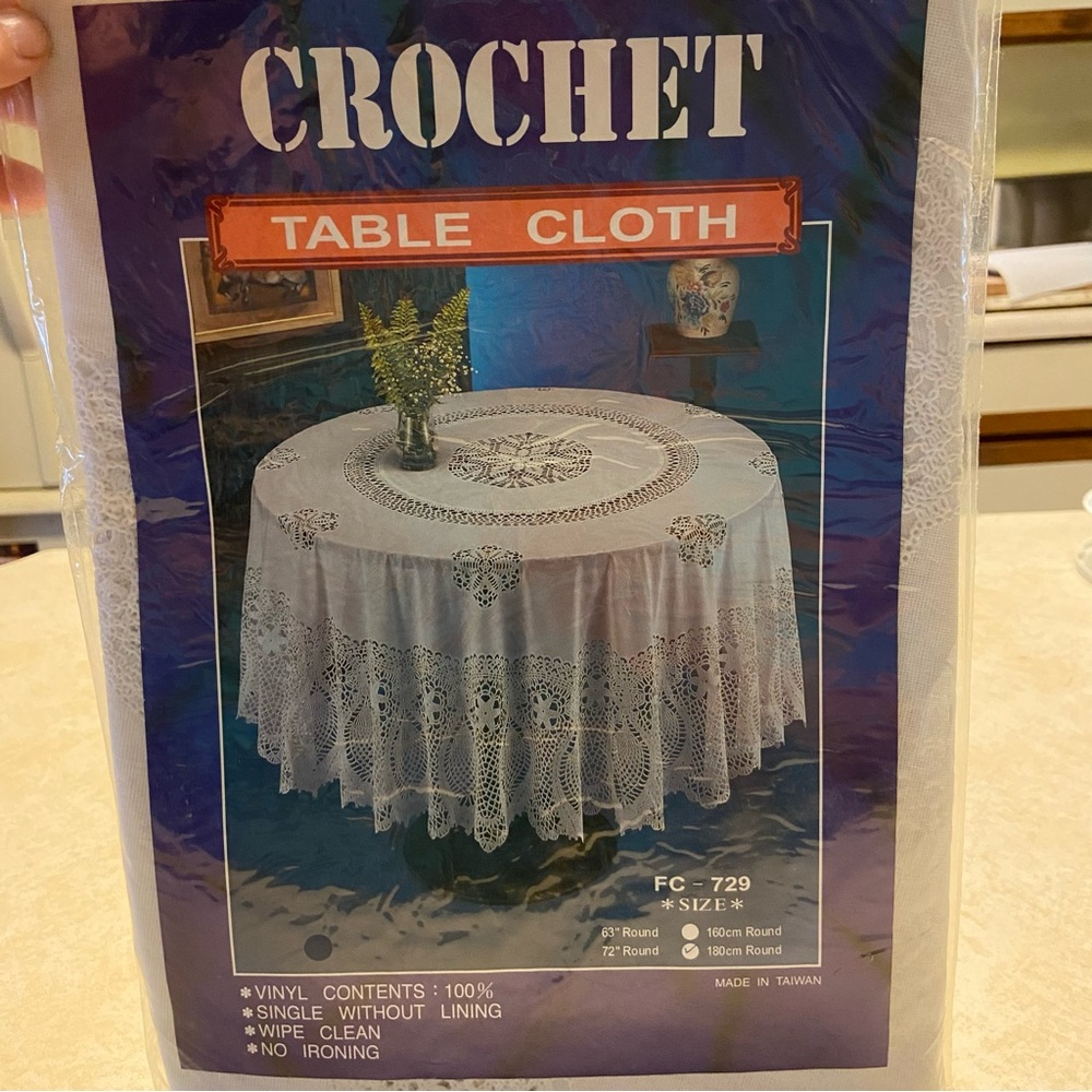Vintage Tablecloth 72" Round Vinyl Crocheted Faux Lace White